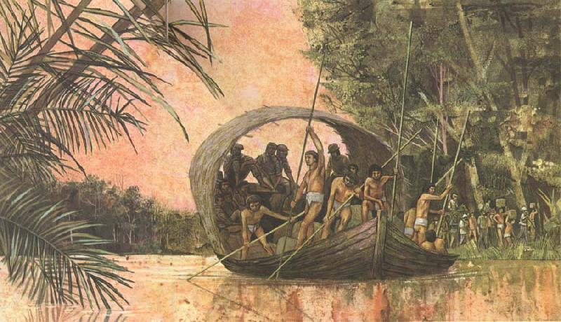 unknow artist In order to kunna attend to underline prompt pa its expedition tvars over Sydamerika barley Gonzalo and his husband a river in Amazon jungle Spain oil painting art